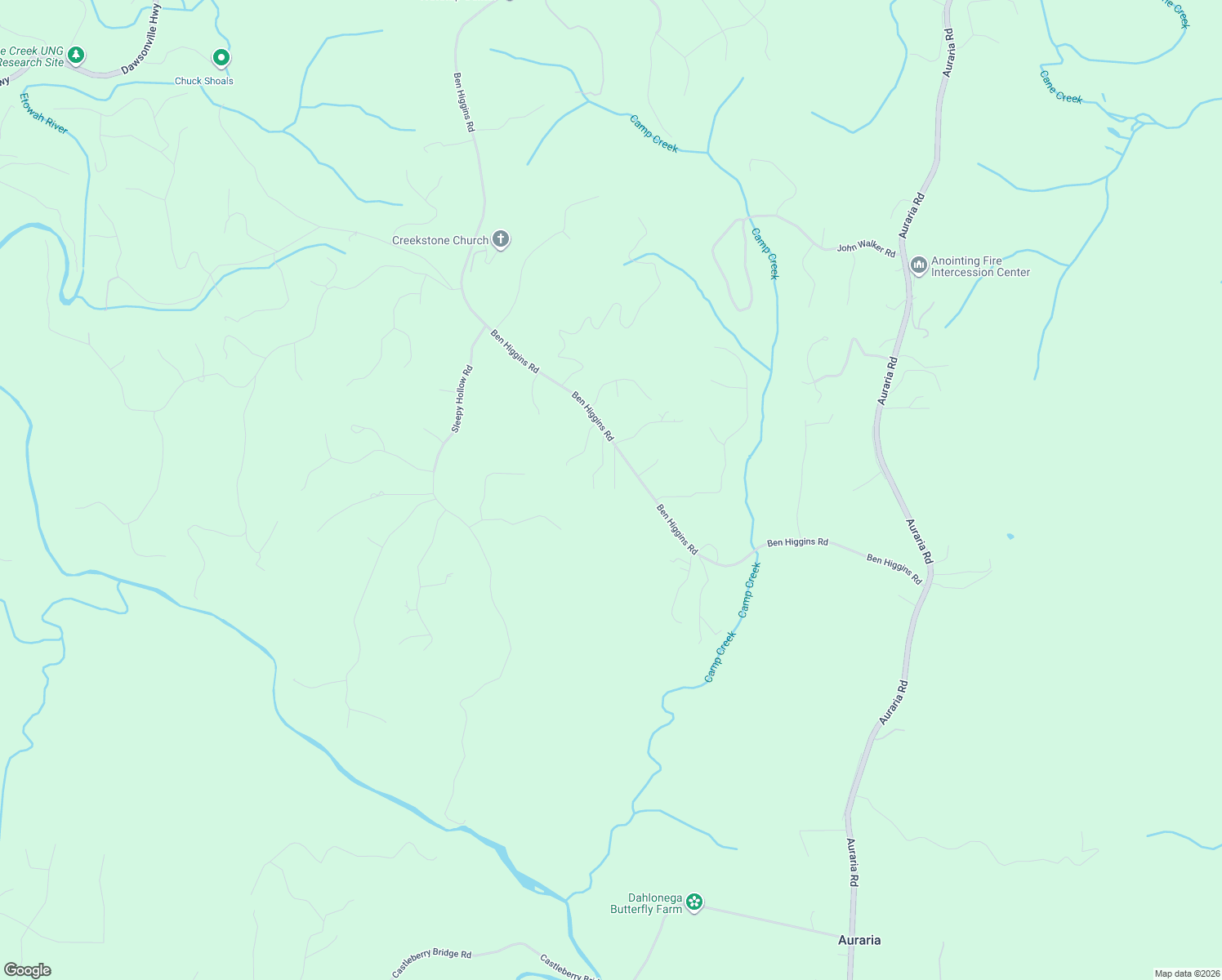 map of restaurants, bars, coffee shops, grocery stores, and more near 2120-2300 Ben Higgins Road in Dahlonega