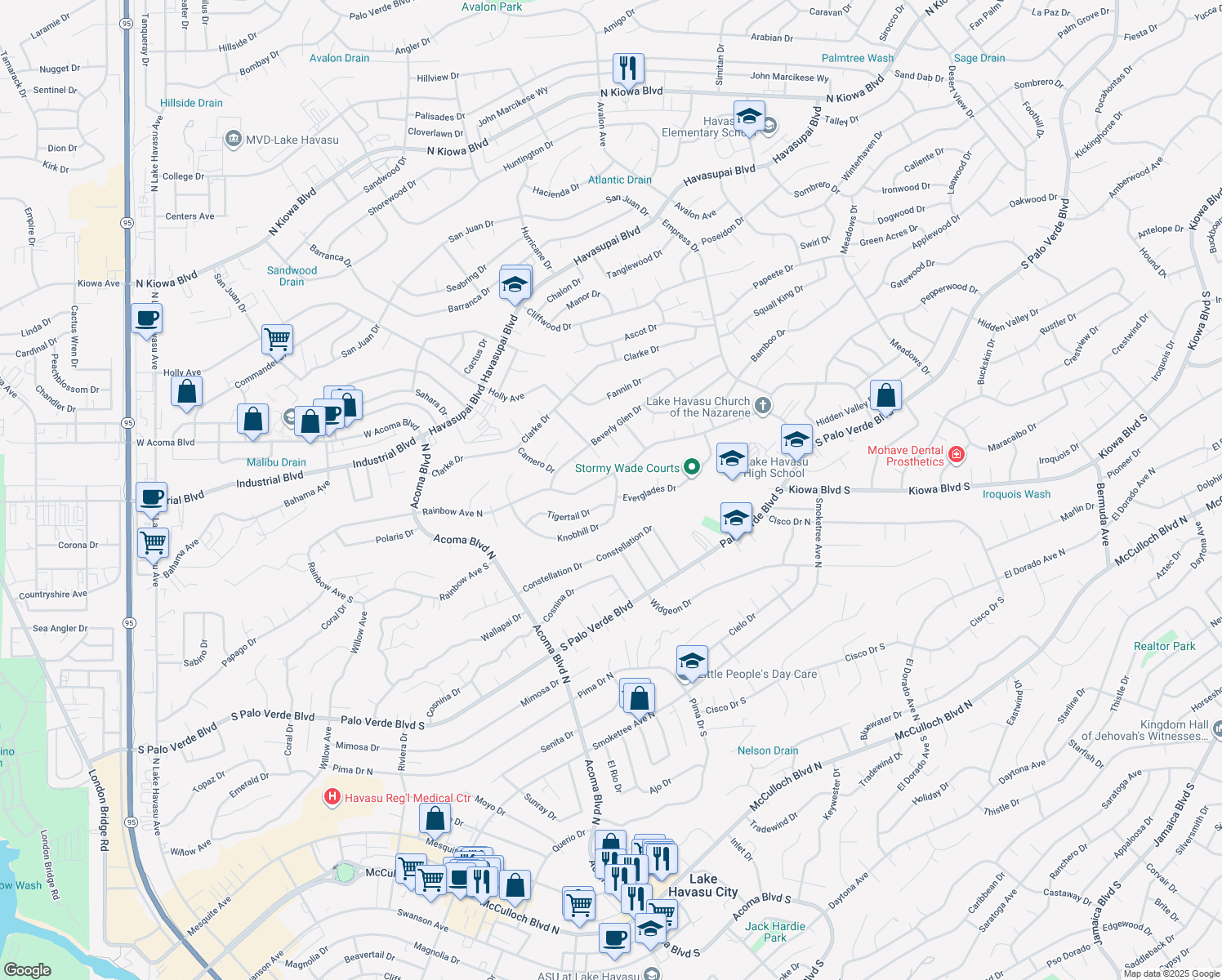 map of restaurants, bars, coffee shops, grocery stores, and more near 516 Knobhill Dr in Lake Havasu City