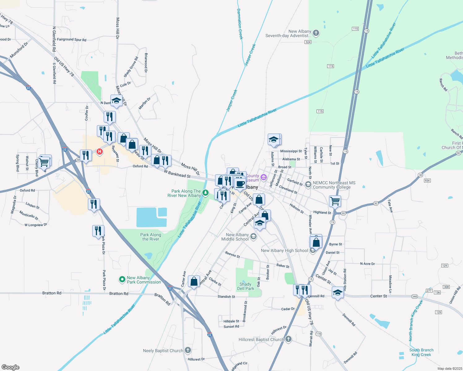 map of restaurants, bars, coffee shops, grocery stores, and more near 132 West Bankhead Street in New Albany