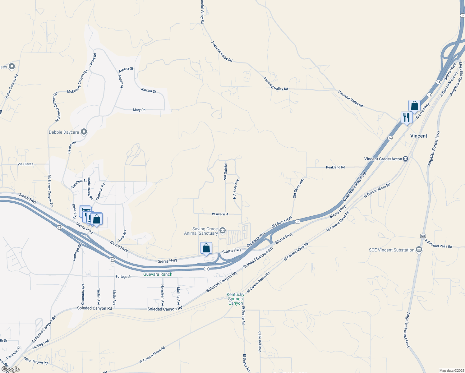 map of restaurants, bars, coffee shops, grocery stores, and more near 5 Mi N Sierra Highway Vic H in Acton