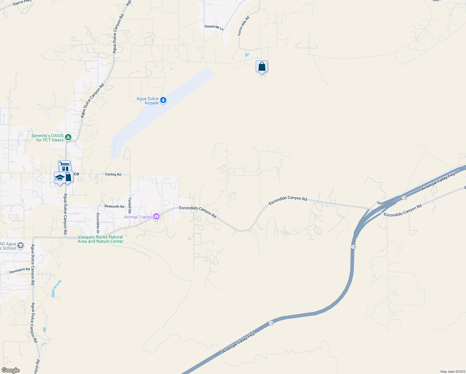 map of restaurants, bars, coffee shops, grocery stores, and more near Hanawalt Road in Agua Dulce