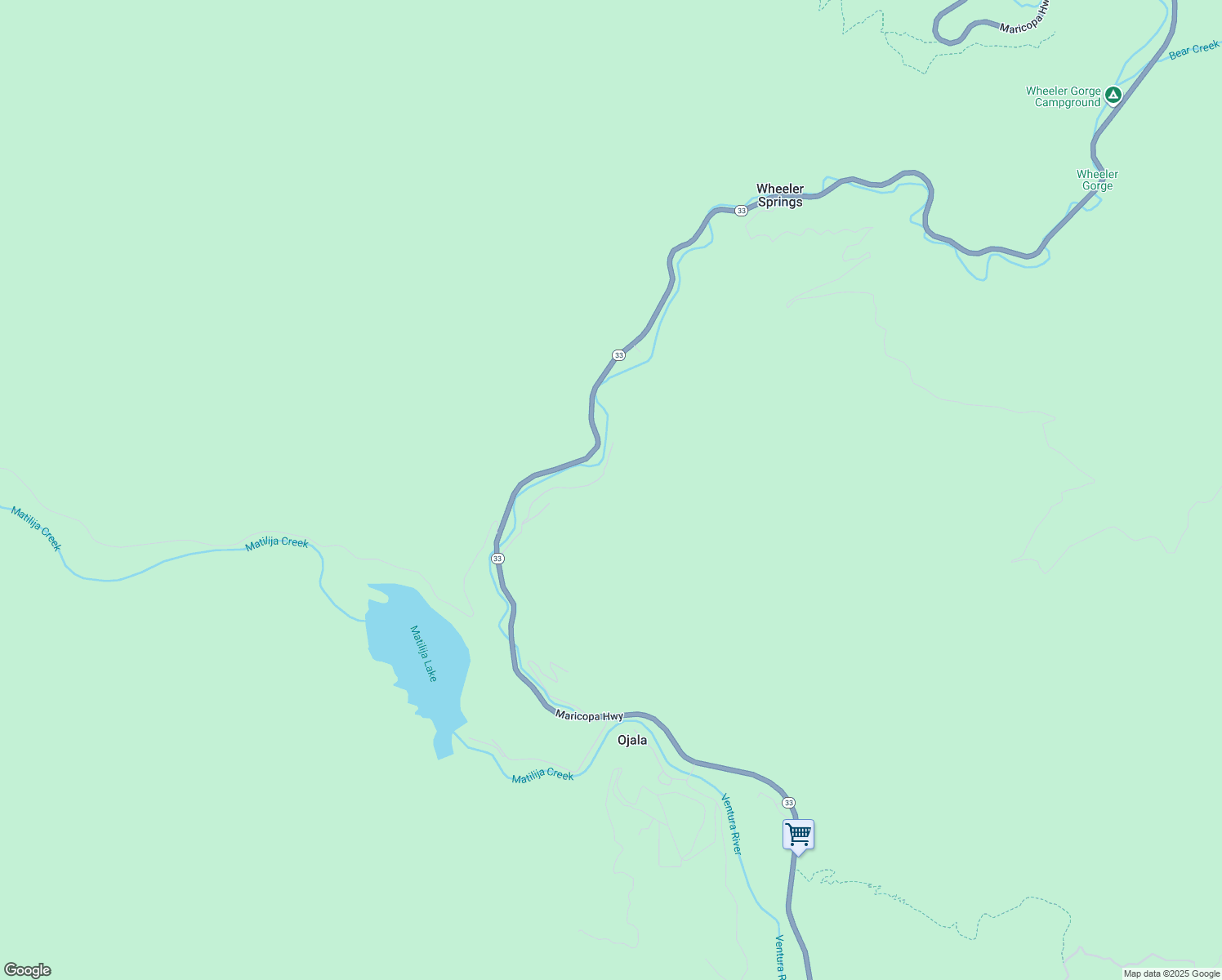 map of restaurants, bars, coffee shops, grocery stores, and more near 16096 Maricopa Highway in Ojai