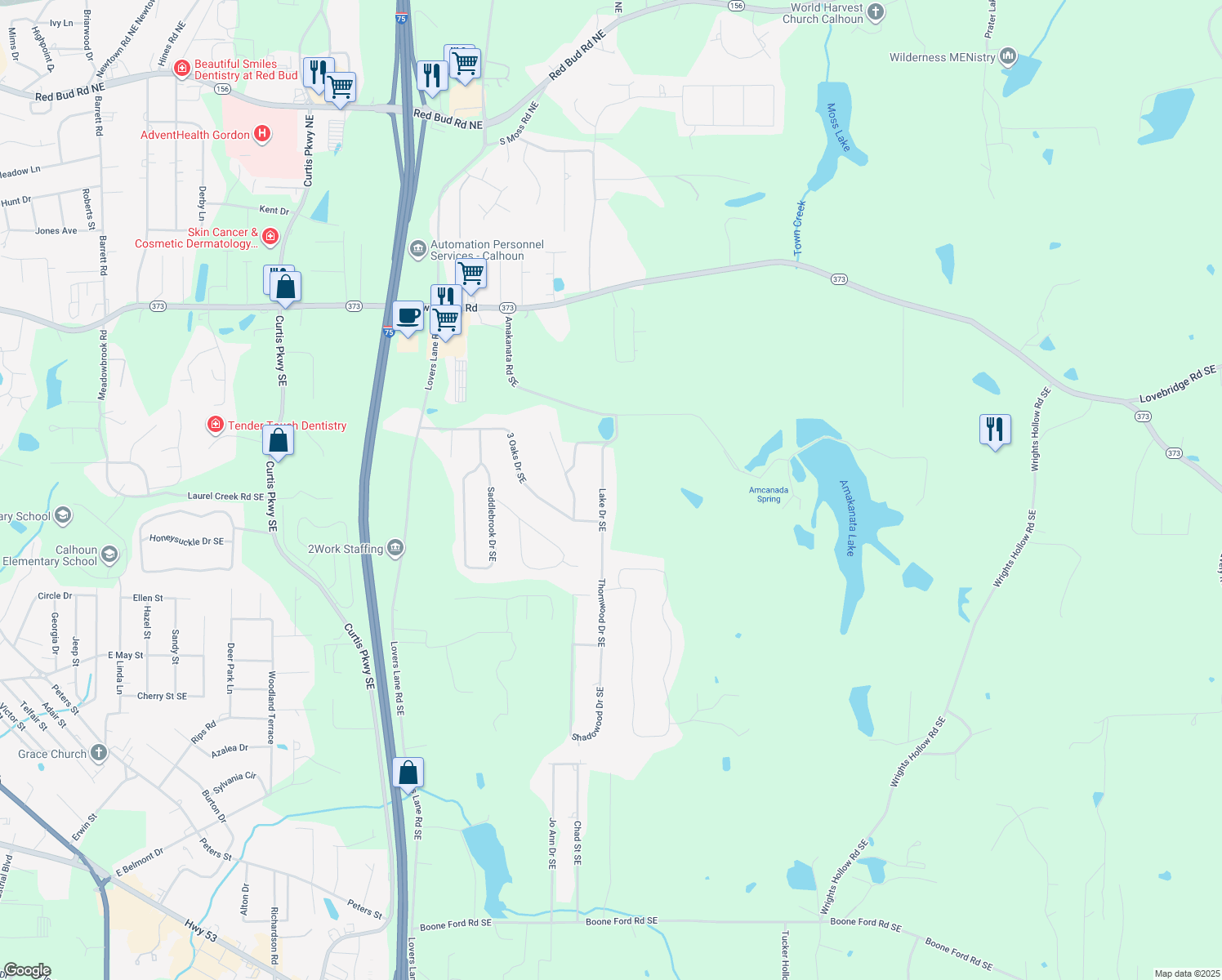 map of restaurants, bars, coffee shops, grocery stores, and more near 224 Lake Drive Southeast in Calhoun