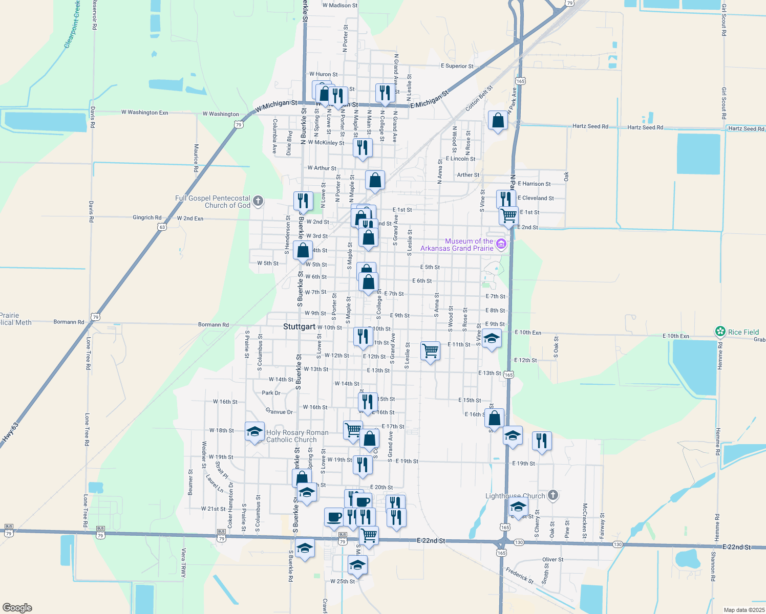 map of restaurants, bars, coffee shops, grocery stores, and more near 805 S College St in Stuttgart