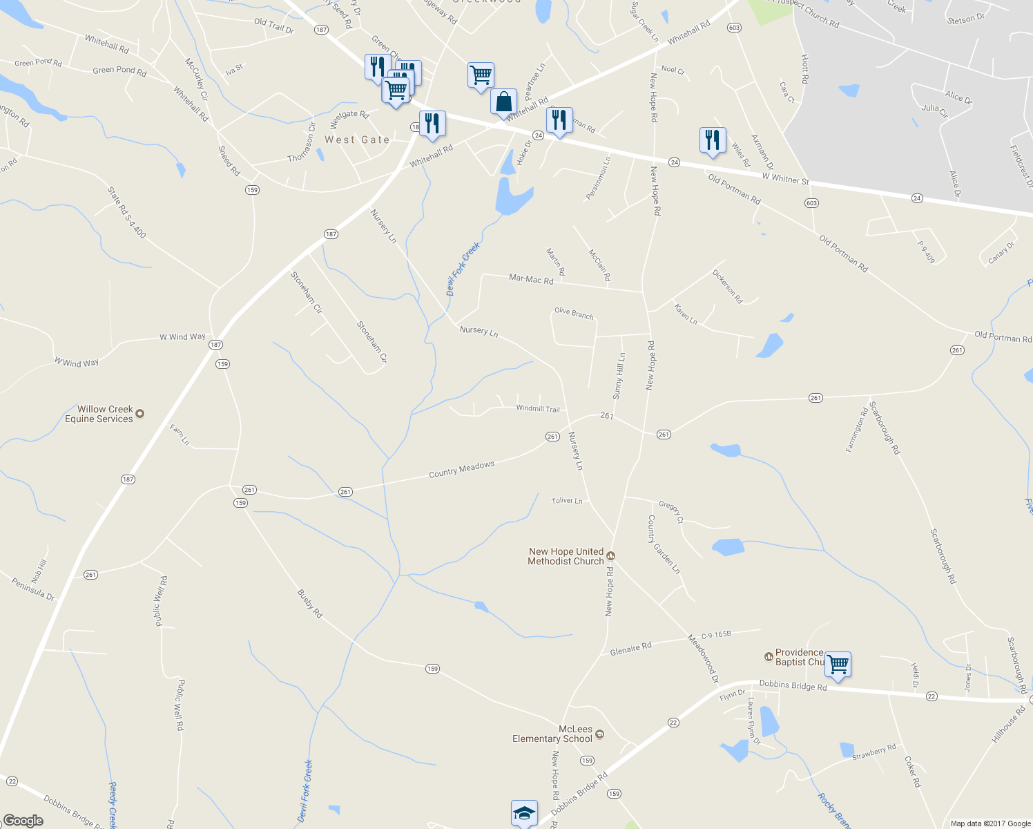 map of restaurants, bars, coffee shops, grocery stores, and more near 1021 Windmill Trail in Anderson