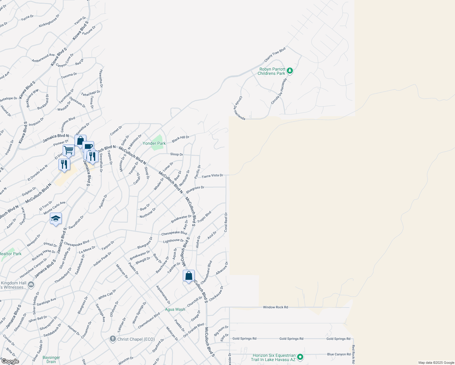 map of restaurants, bars, coffee shops, grocery stores, and more near 4136 Coral Reef Drive in Lake Havasu City