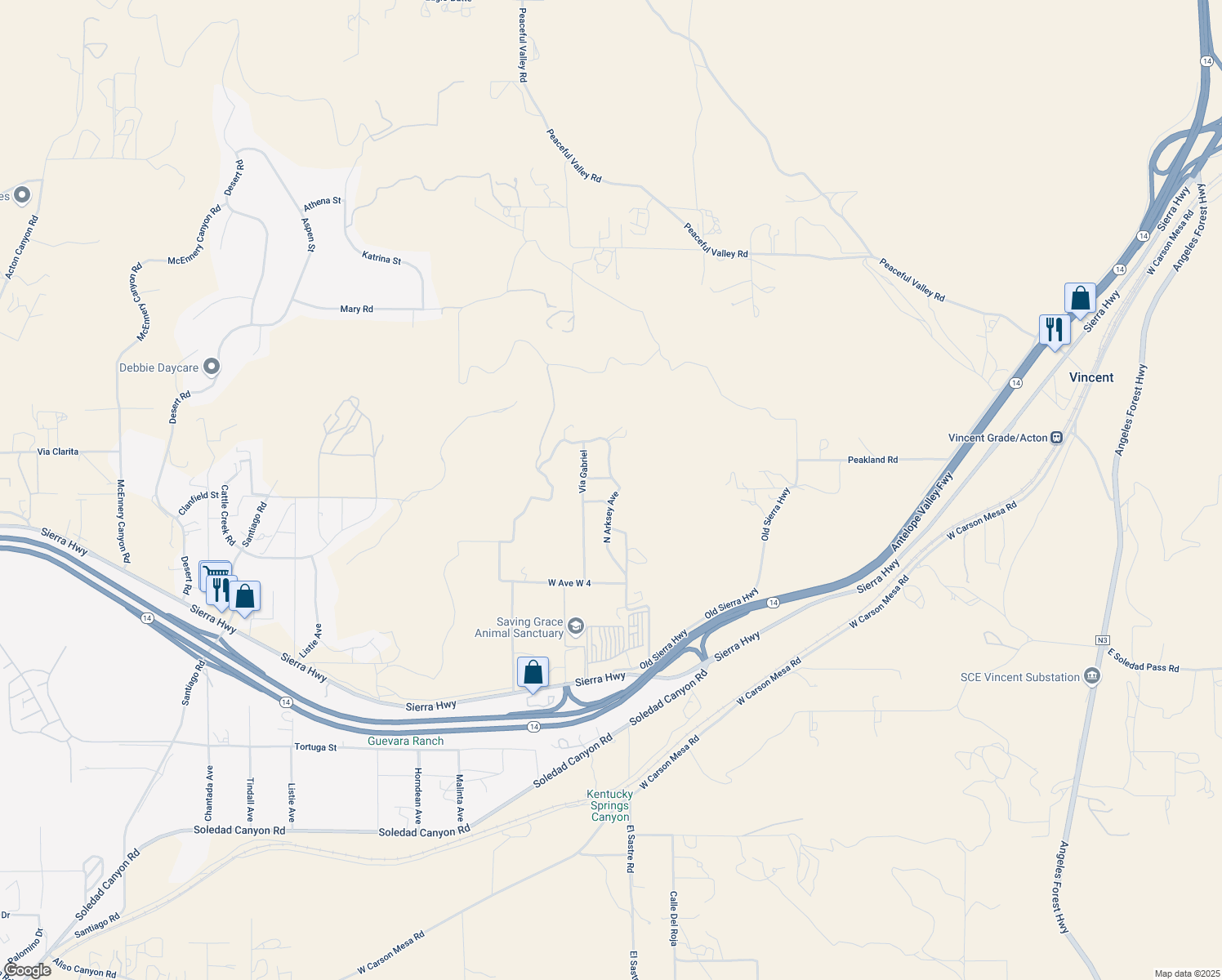 map of restaurants, bars, coffee shops, grocery stores, and more near 5 Mi N Sierra Highway Vic H in Acton