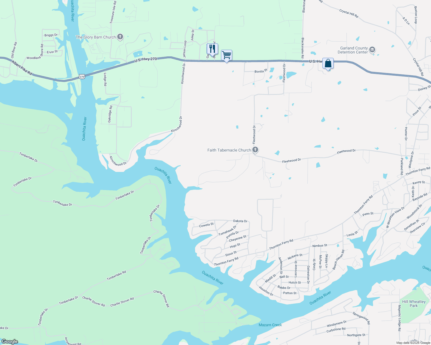 map of restaurants, bars, coffee shops, grocery stores, and more near 199 Boardwalk Lane in Hot Springs