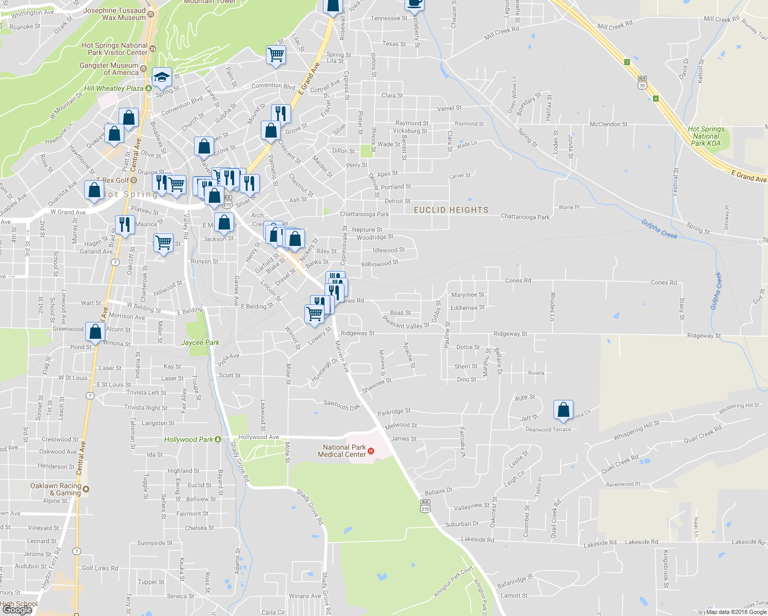 map of restaurants, bars, coffee shops, grocery stores, and more near 105 Boaz Street in Hot Springs