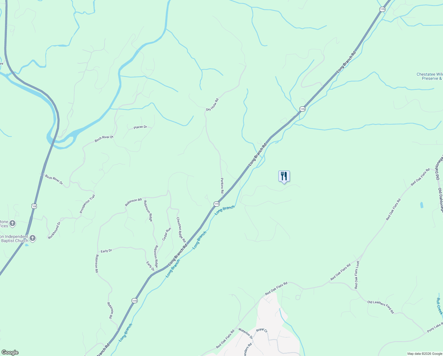 map of restaurants, bars, coffee shops, grocery stores, and more near Dry Hollow in Dahlonega