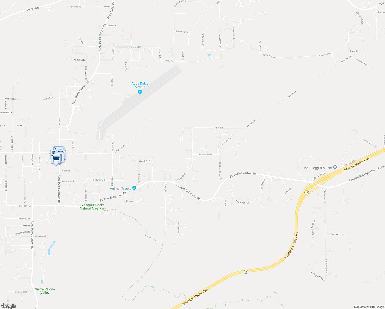 map of restaurants, bars, coffee shops, grocery stores, and more near Hanawalt Road in Agua Dulce