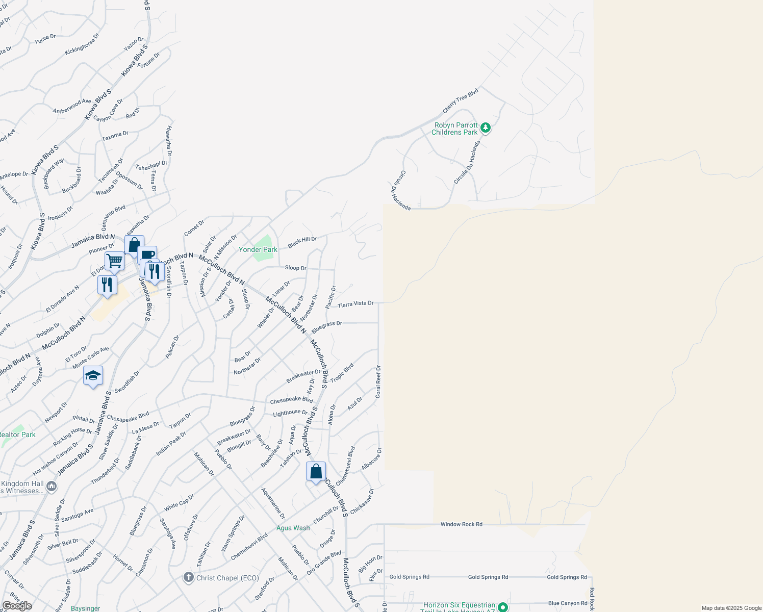 map of restaurants, bars, coffee shops, grocery stores, and more near 4136 Coral Reef Dr in Lake Havasu City