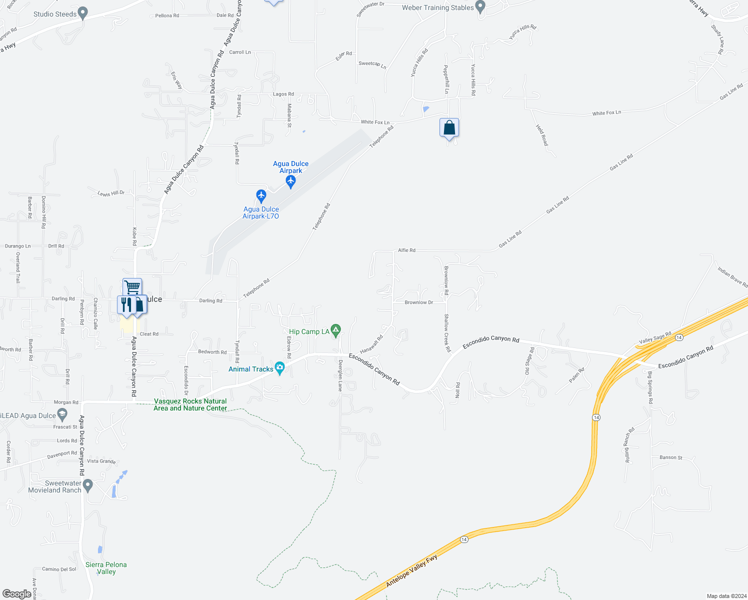 map of restaurants, bars, coffee shops, grocery stores, and more near 33805 Hanawalt Road in Agua Dulce