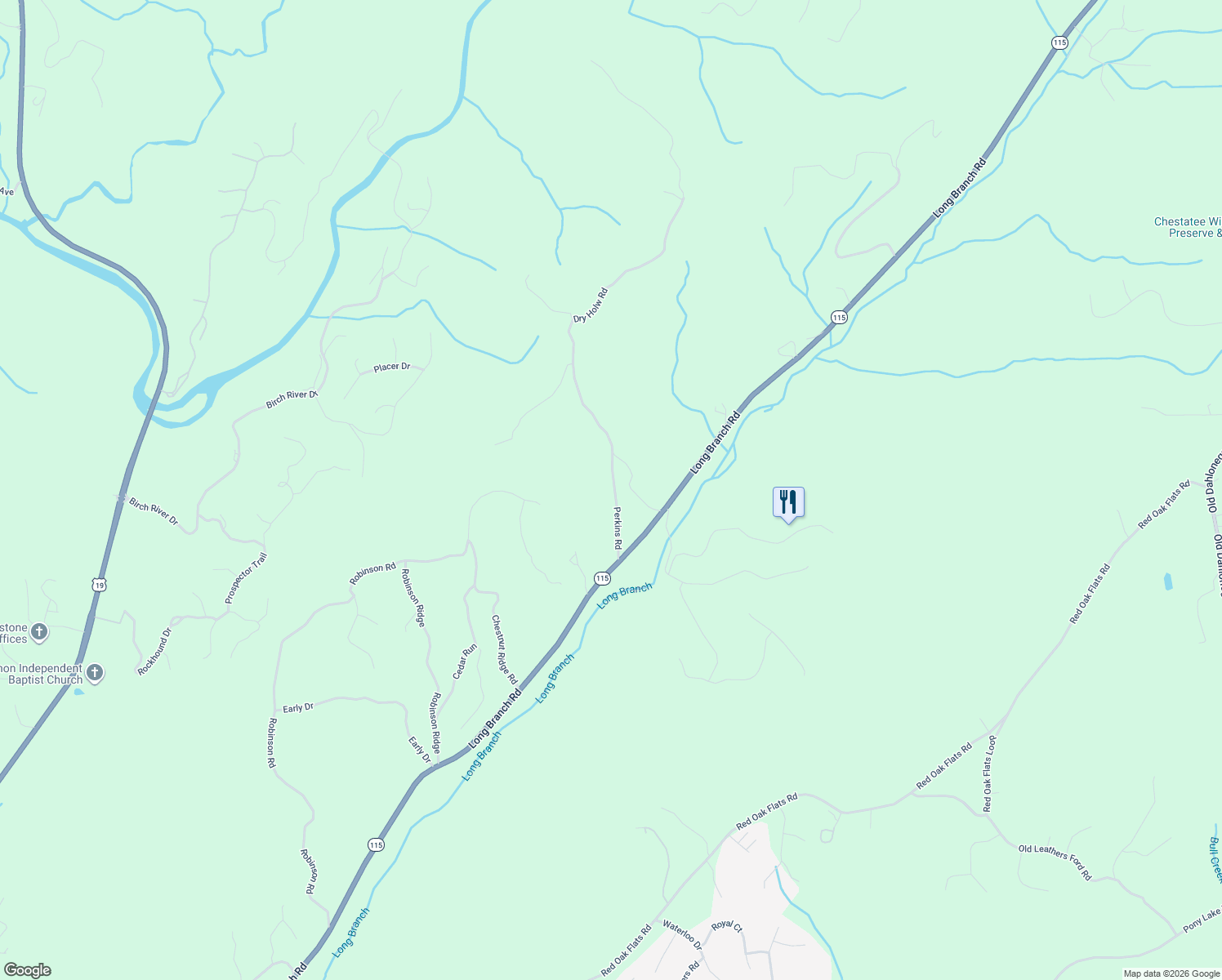 map of restaurants, bars, coffee shops, grocery stores, and more near Dry Hollow in Dahlonega