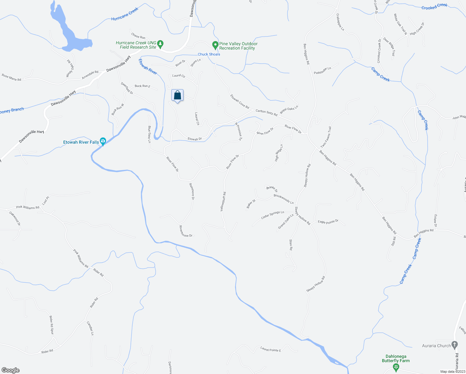 map of restaurants, bars, coffee shops, grocery stores, and more near 101 Yellow Bluff Road in Dahlonega