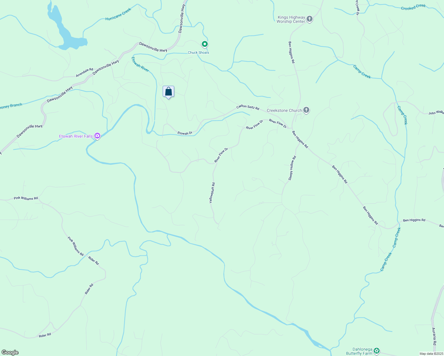 map of restaurants, bars, coffee shops, grocery stores, and more near 101 Yellow Bluff Road in Dahlonega