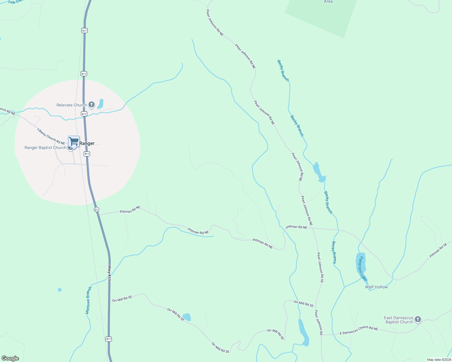 map of restaurants, bars, coffee shops, grocery stores, and more near 550 Bear Mountain Road in Ranger