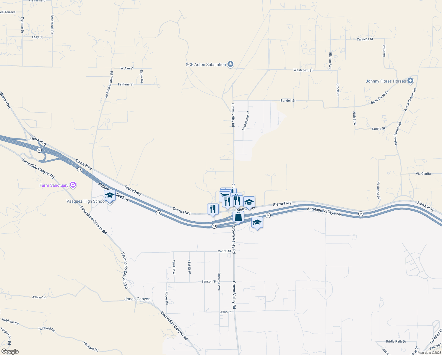 map of restaurants, bars, coffee shops, grocery stores, and more near 3904 Sourdough Road in Acton