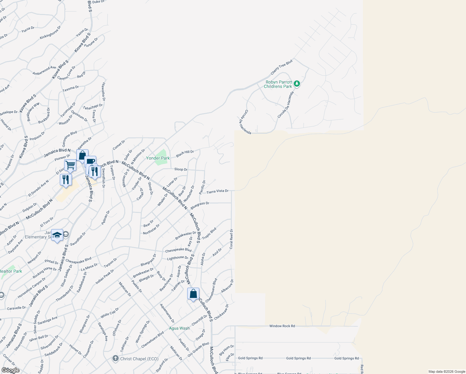 map of restaurants, bars, coffee shops, grocery stores, and more near 4151 Tierra Vista Drive in Lake Havasu City
