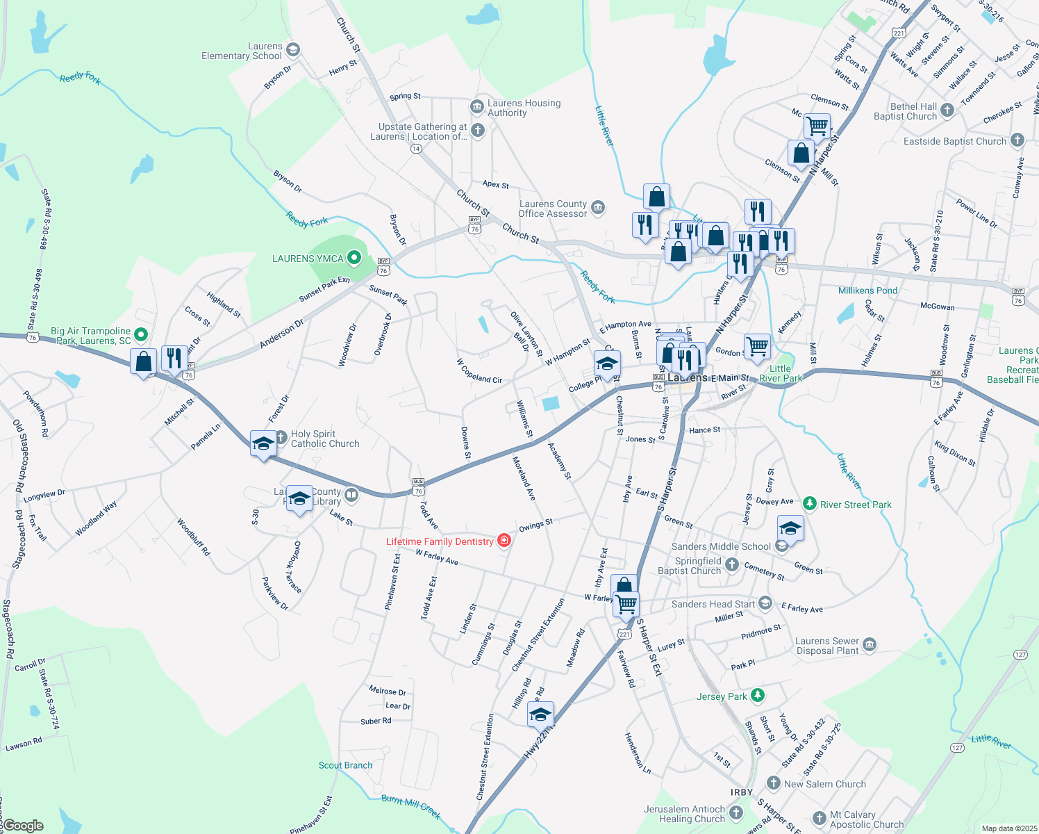 map of restaurants, bars, coffee shops, grocery stores, and more near 113 Williams Street in Laurens