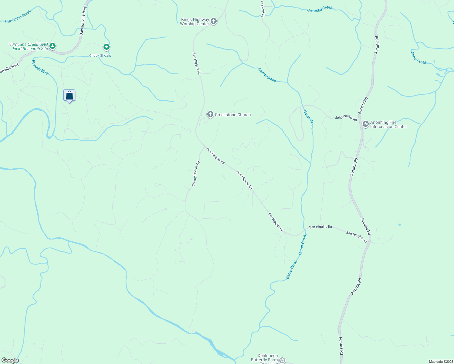 map of restaurants, bars, coffee shops, grocery stores, and more near 129 Falcon Brook Drive in Dahlonega