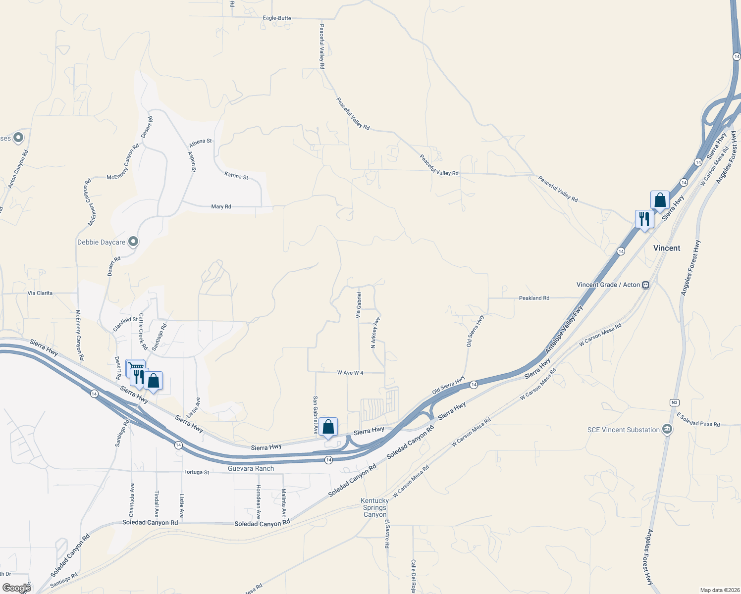 map of restaurants, bars, coffee shops, grocery stores, and more near 1 Sierra Highway in Acton