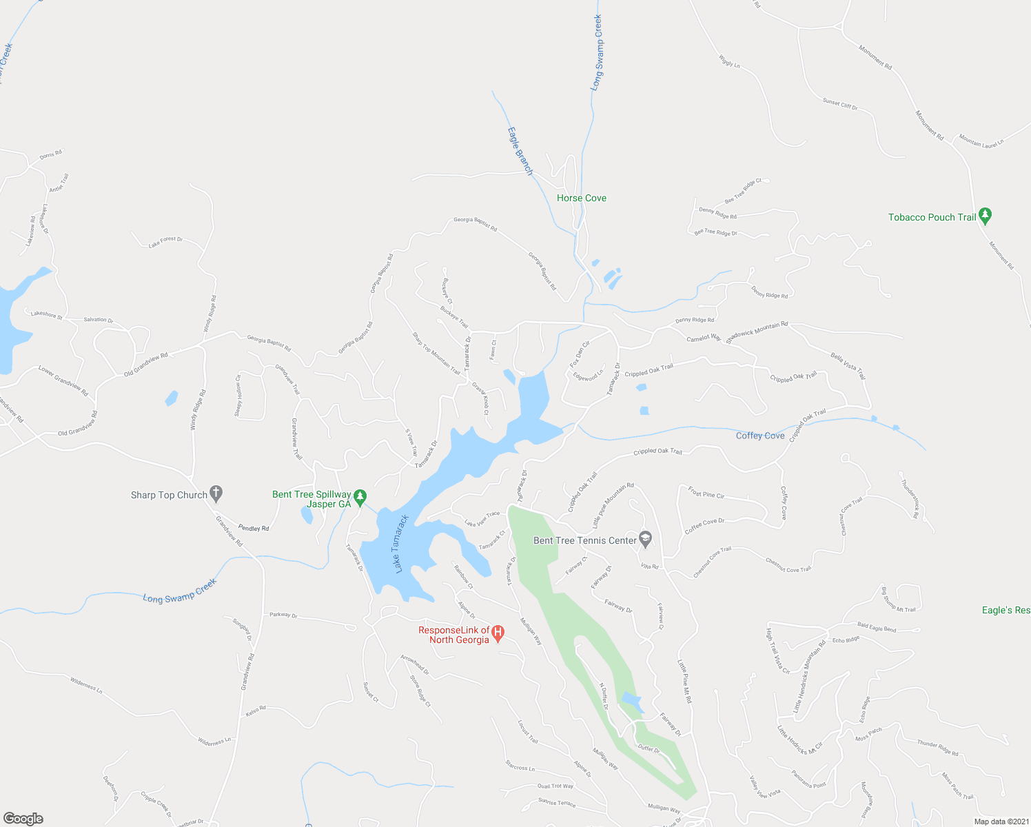 map of restaurants, bars, coffee shops, grocery stores, and more near 141 Blue Pine Court in Big Canoe