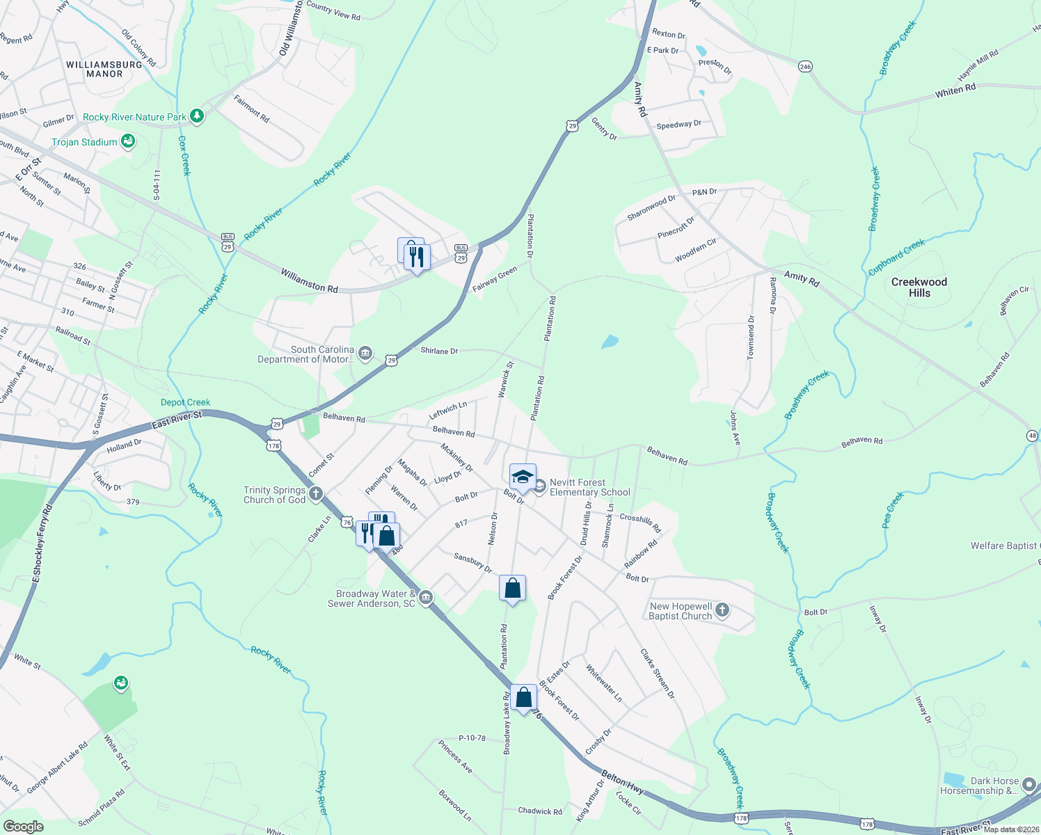 map of restaurants, bars, coffee shops, grocery stores, and more near 208 Collingwood Drive in Anderson