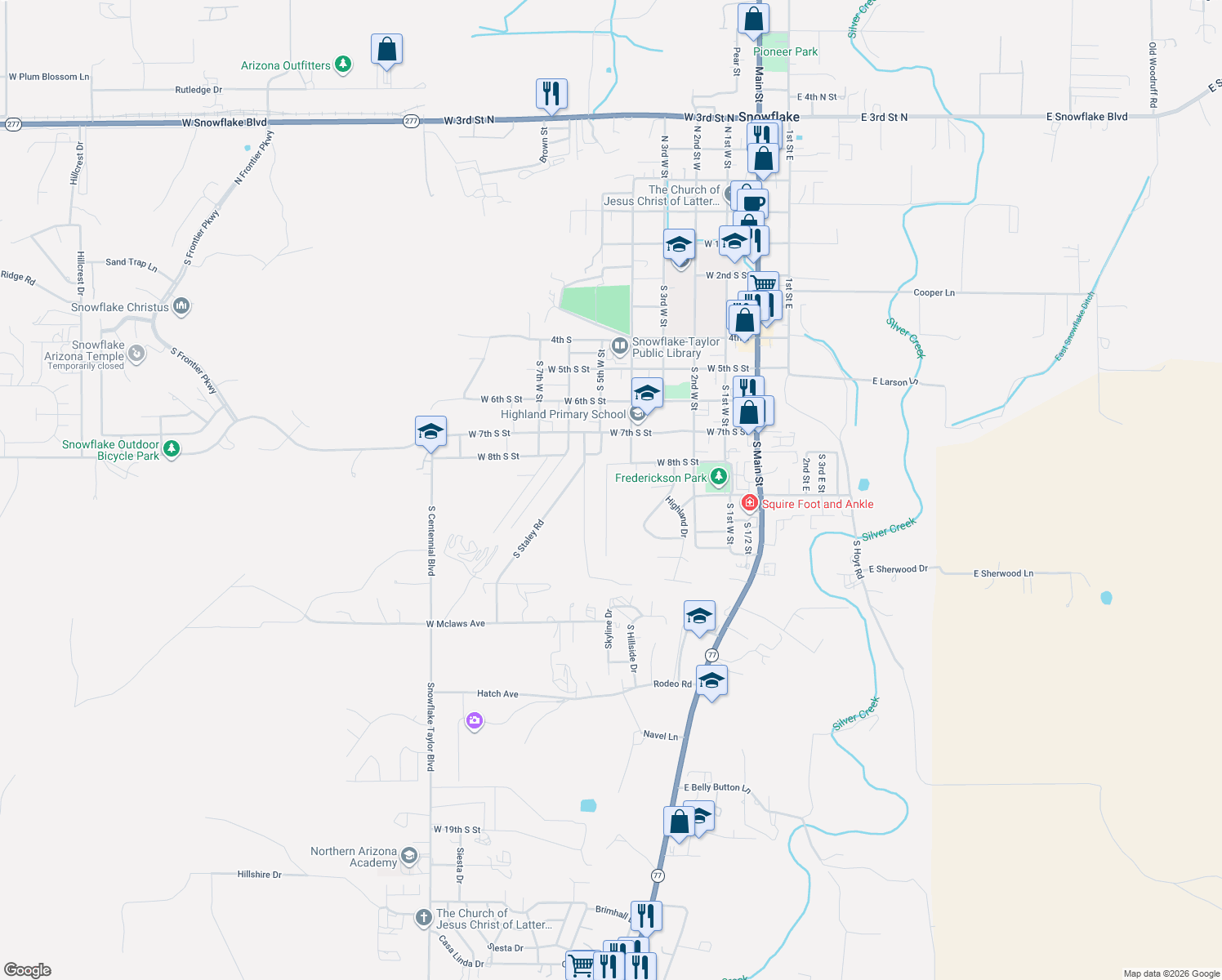 map of restaurants, bars, coffee shops, grocery stores, and more near 879 Sunset Drive in Snowflake