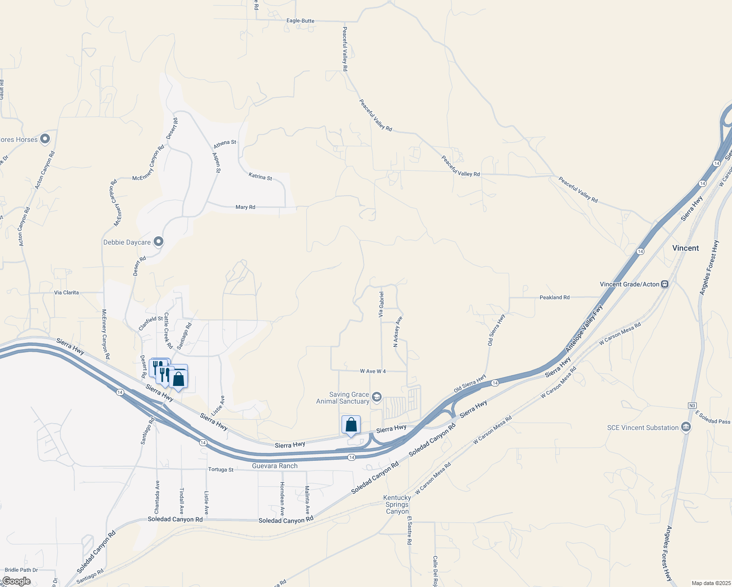 map of restaurants, bars, coffee shops, grocery stores, and more near 33870 San Gabriel Avenue in Acton