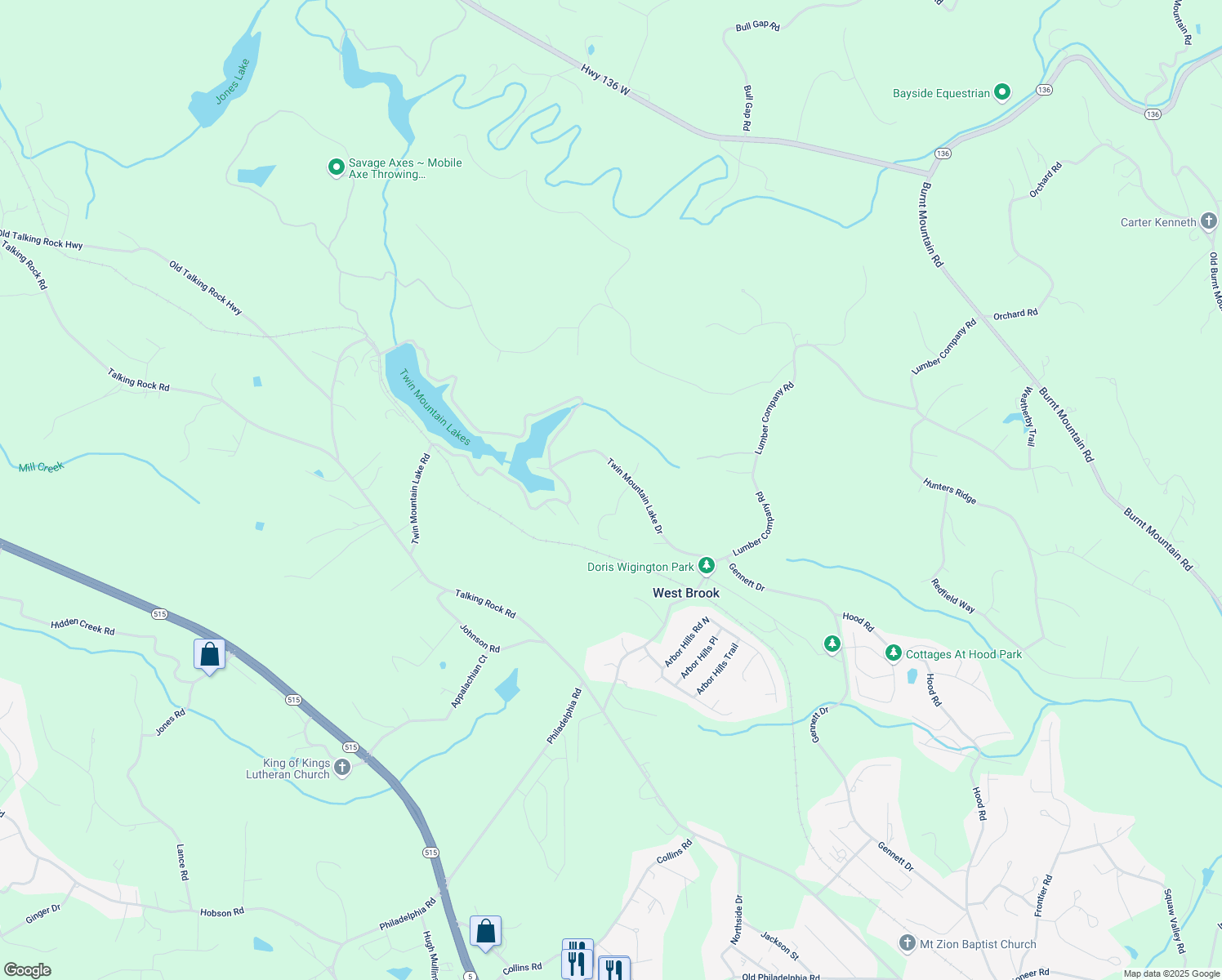 map of restaurants, bars, coffee shops, grocery stores, and more near 409 Twin Mountain Lake Drive in Talking Rock