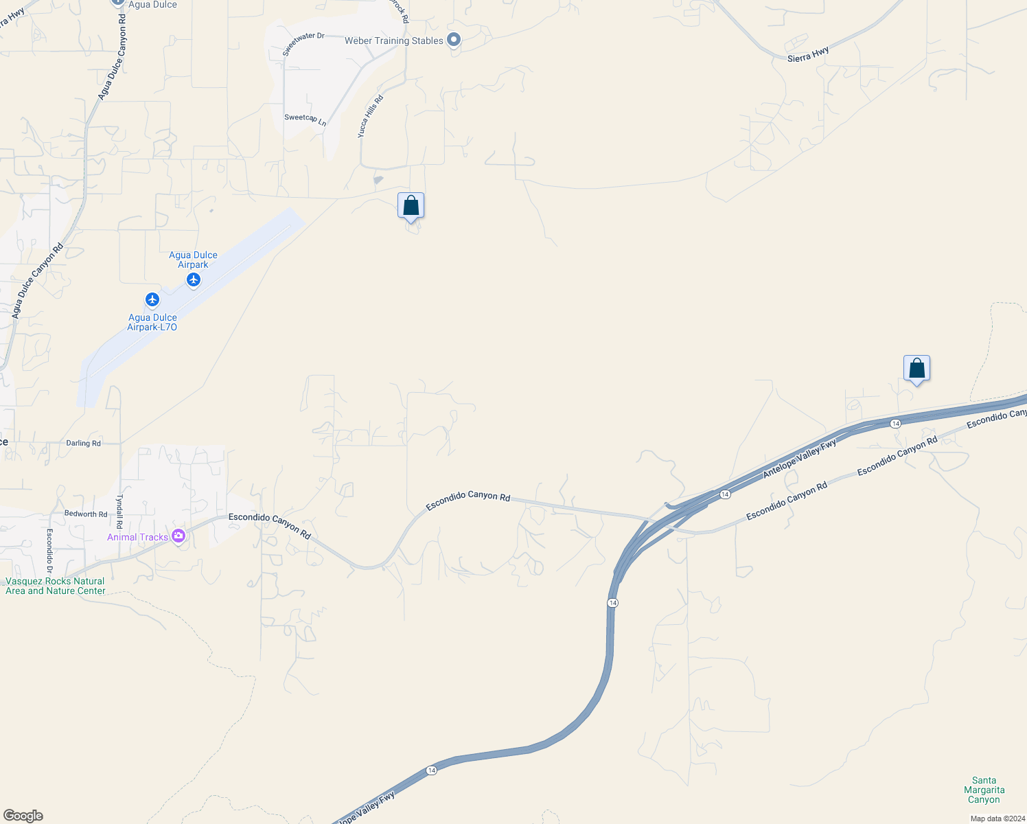 map of restaurants, bars, coffee shops, grocery stores, and more near Escondido Drive in Agua Dulce