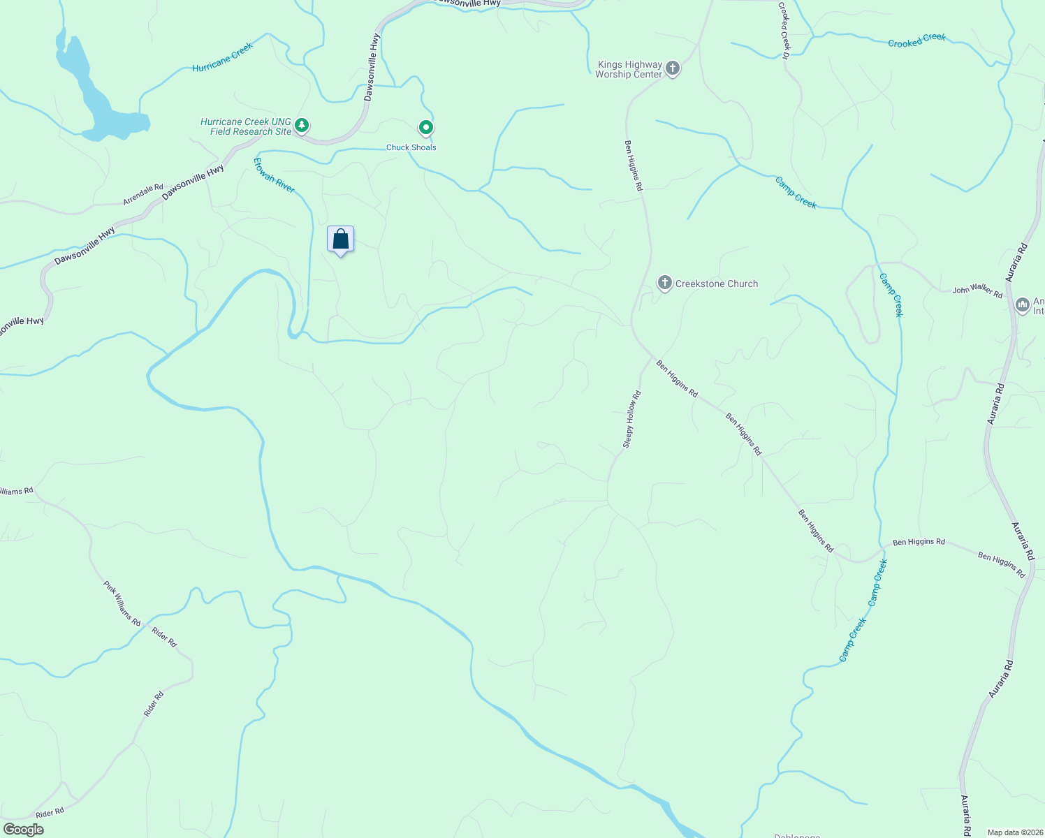 map of restaurants, bars, coffee shops, grocery stores, and more near 402 High Ridge Lane in Dahlonega