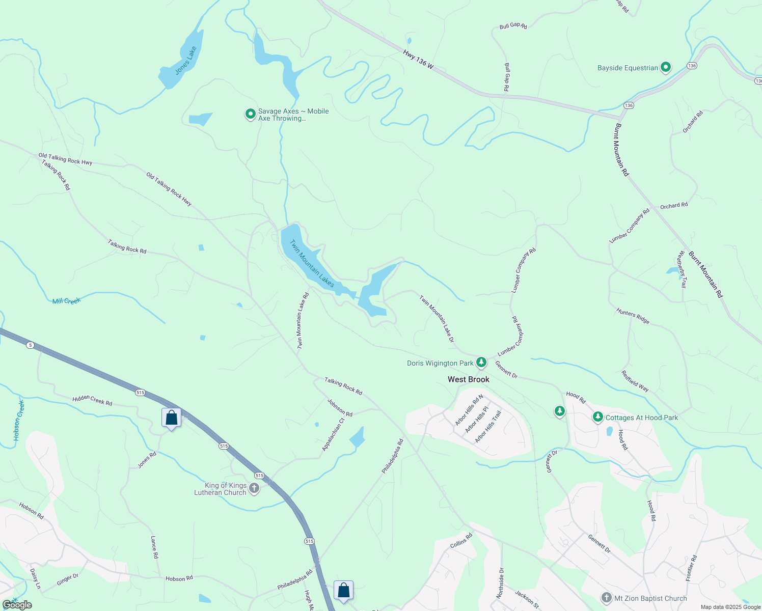 map of restaurants, bars, coffee shops, grocery stores, and more near 687 Twin Mountain Lake Drive in Talking Rock
