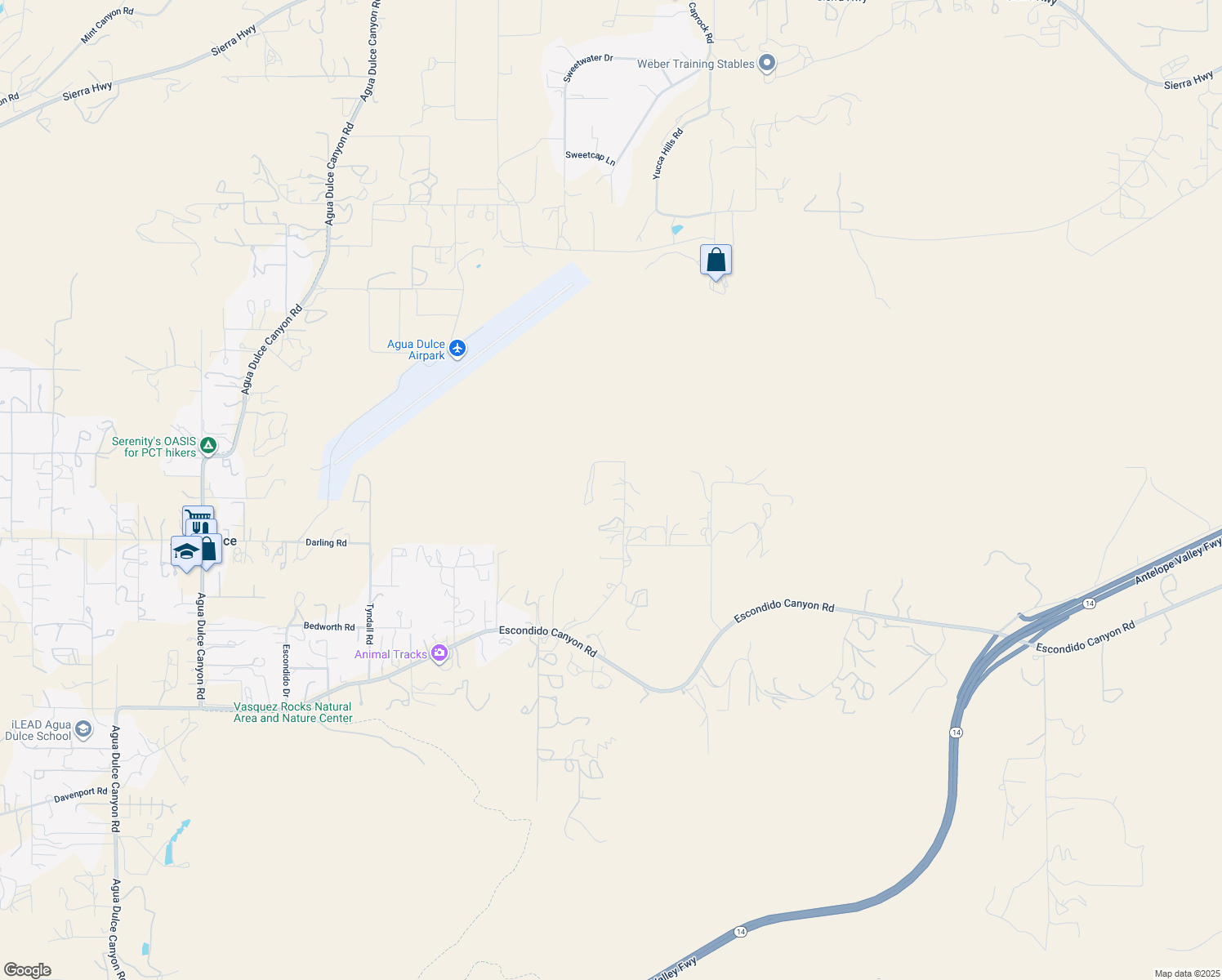 map of restaurants, bars, coffee shops, grocery stores, and more near 33931 Hanawalt Road in Agua Dulce