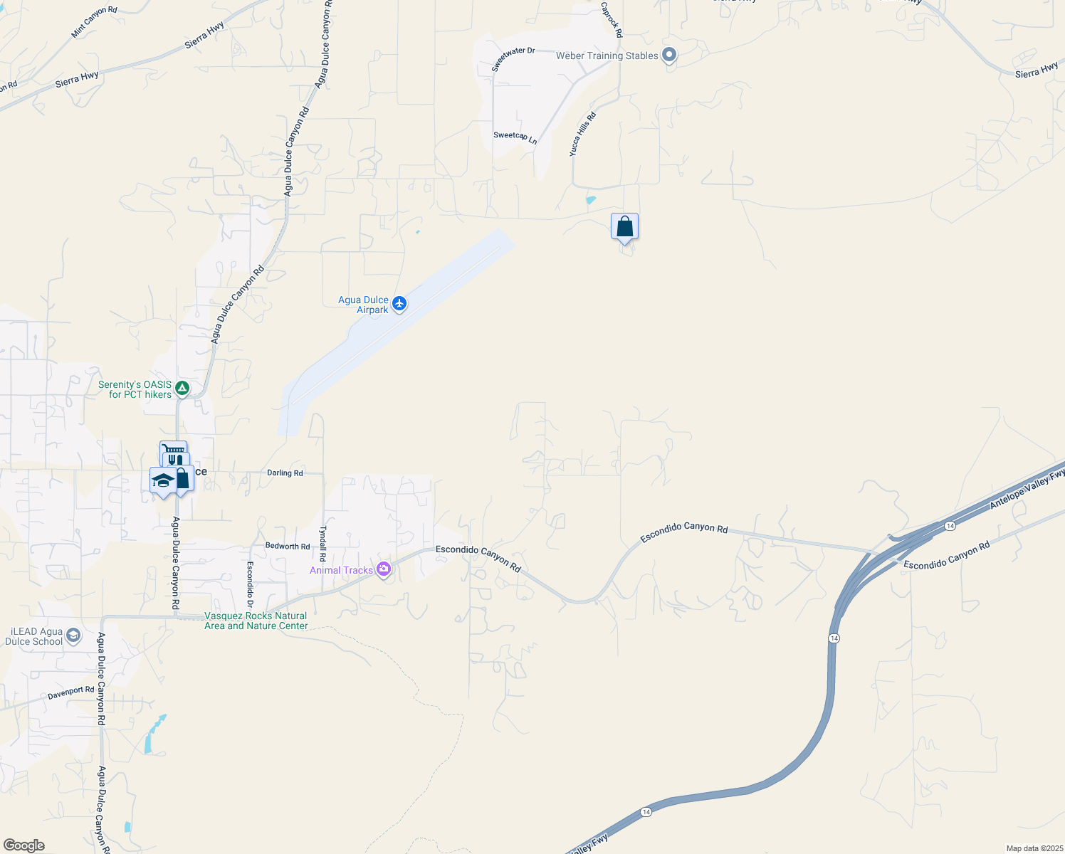 map of restaurants, bars, coffee shops, grocery stores, and more near 33931 Hanawalt Road in Agua Dulce