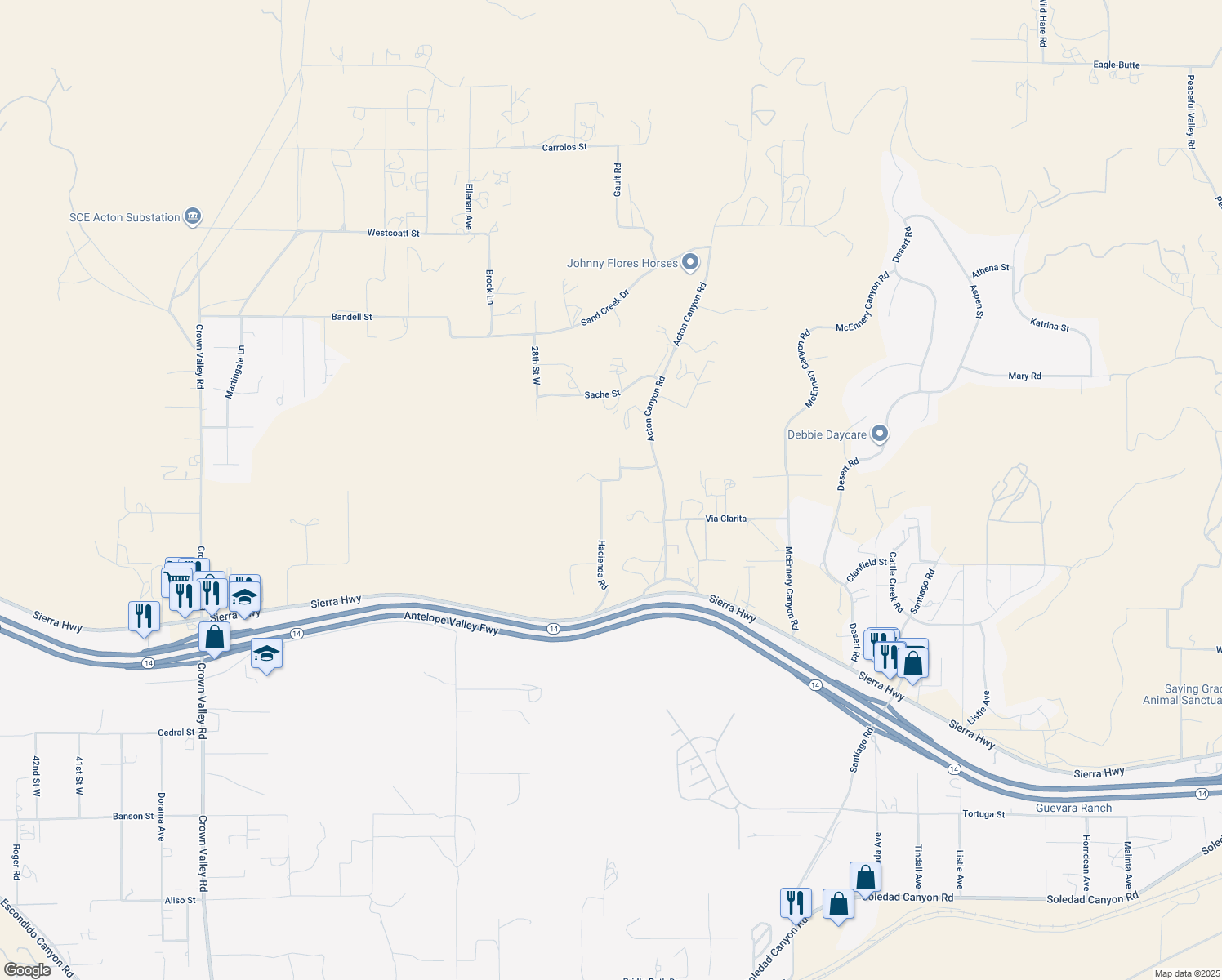 map of restaurants, bars, coffee shops, grocery stores, and more near 33950 Hacienda Road in Acton