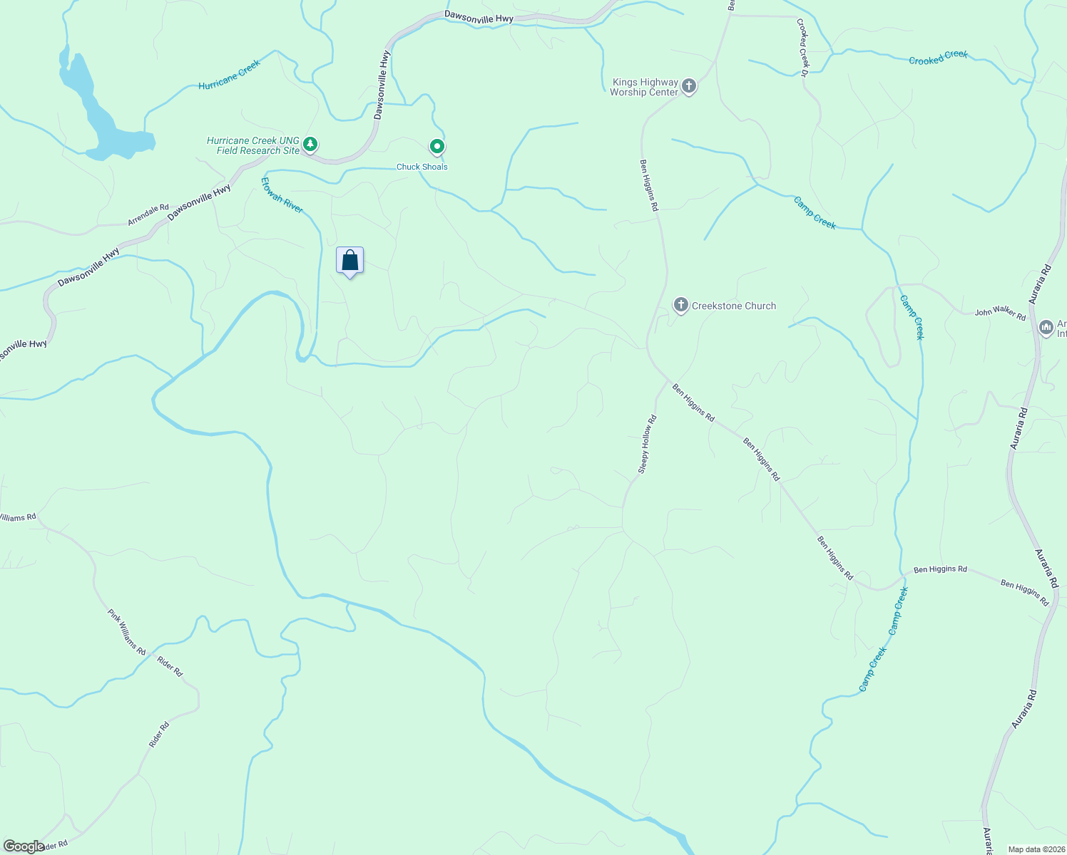 map of restaurants, bars, coffee shops, grocery stores, and more near 402 High Ridge Lane in Dahlonega