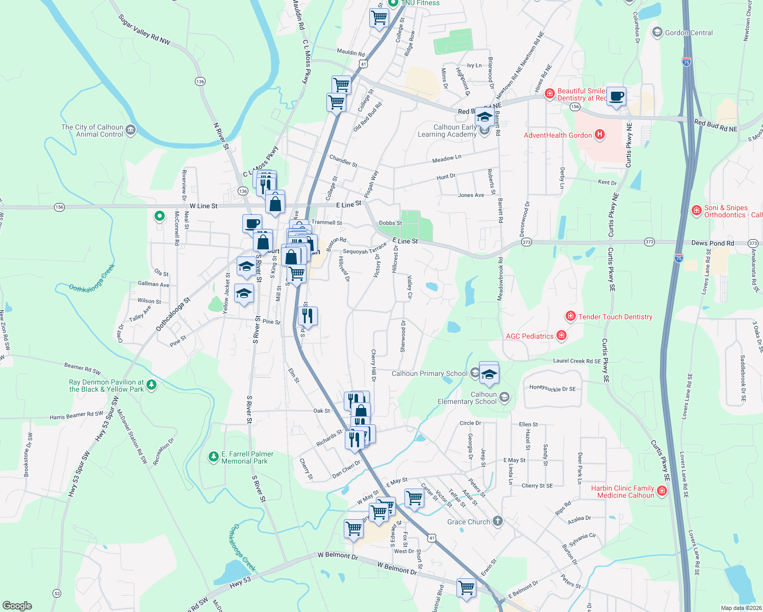 map of restaurants, bars, coffee shops, grocery stores, and more near 205 Hillcrest Dr in Calhoun