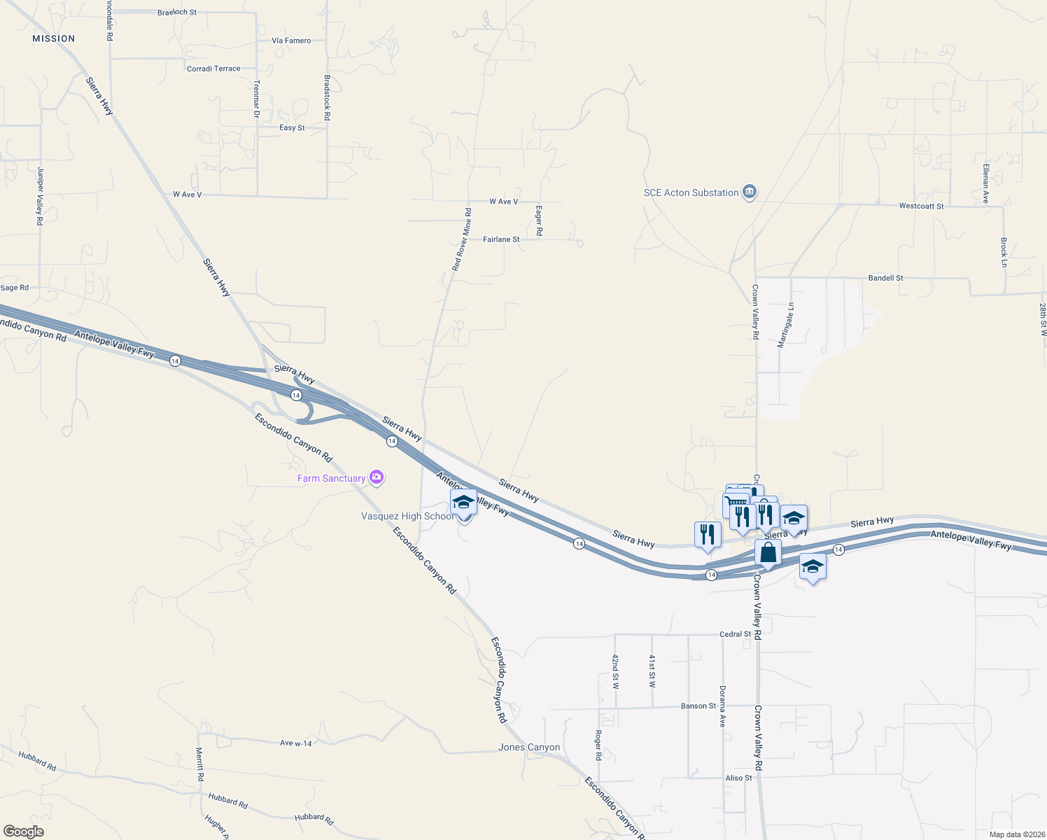 map of restaurants, bars, coffee shops, grocery stores, and more near 33947 Hypotenuse Road in Acton