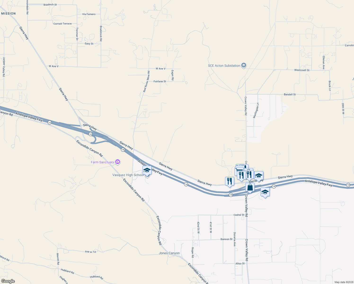 map of restaurants, bars, coffee shops, grocery stores, and more near 34226 Hypotenuse Road in Acton