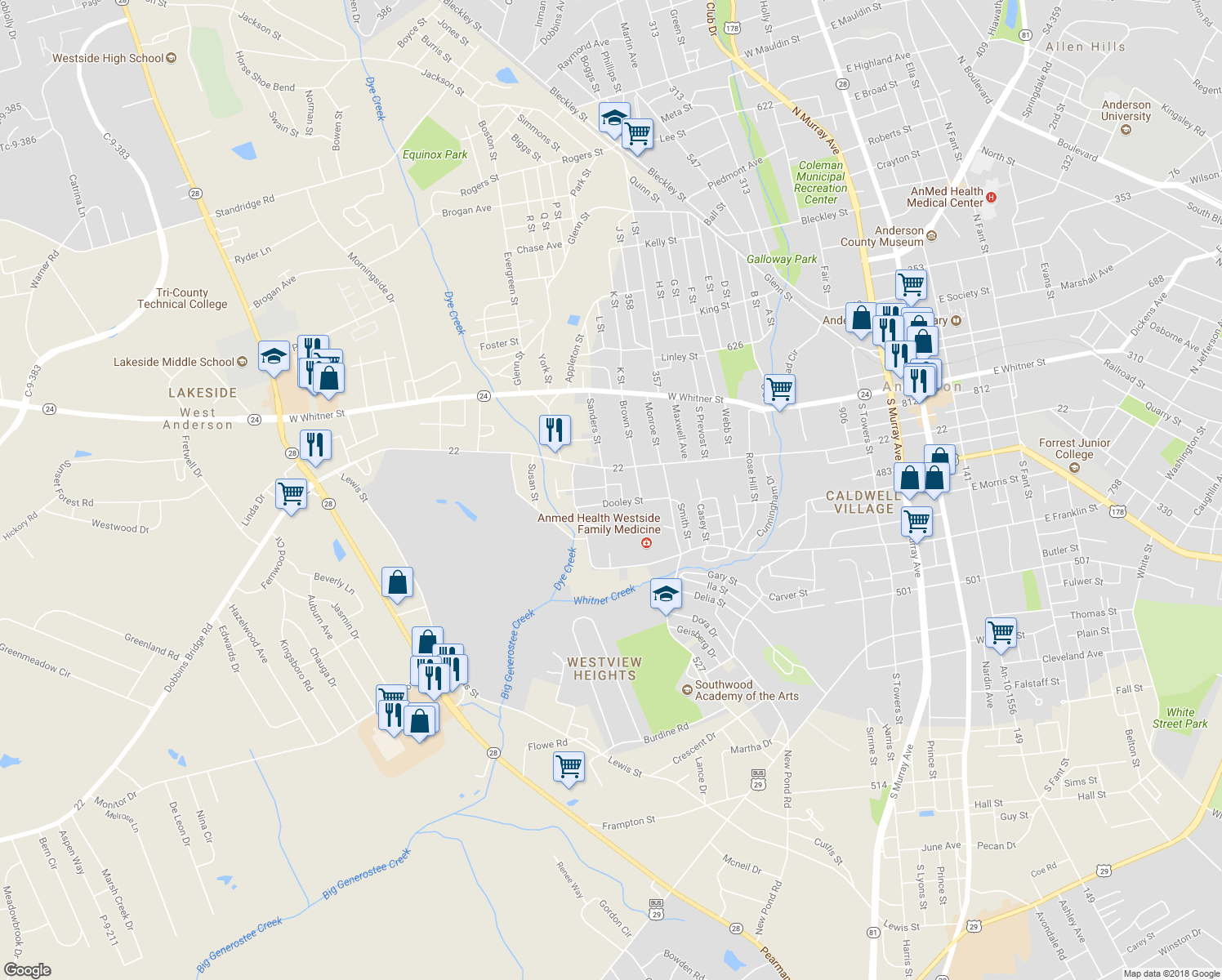 map of restaurants, bars, coffee shops, grocery stores, and more near 407 Sanders Street in Anderson