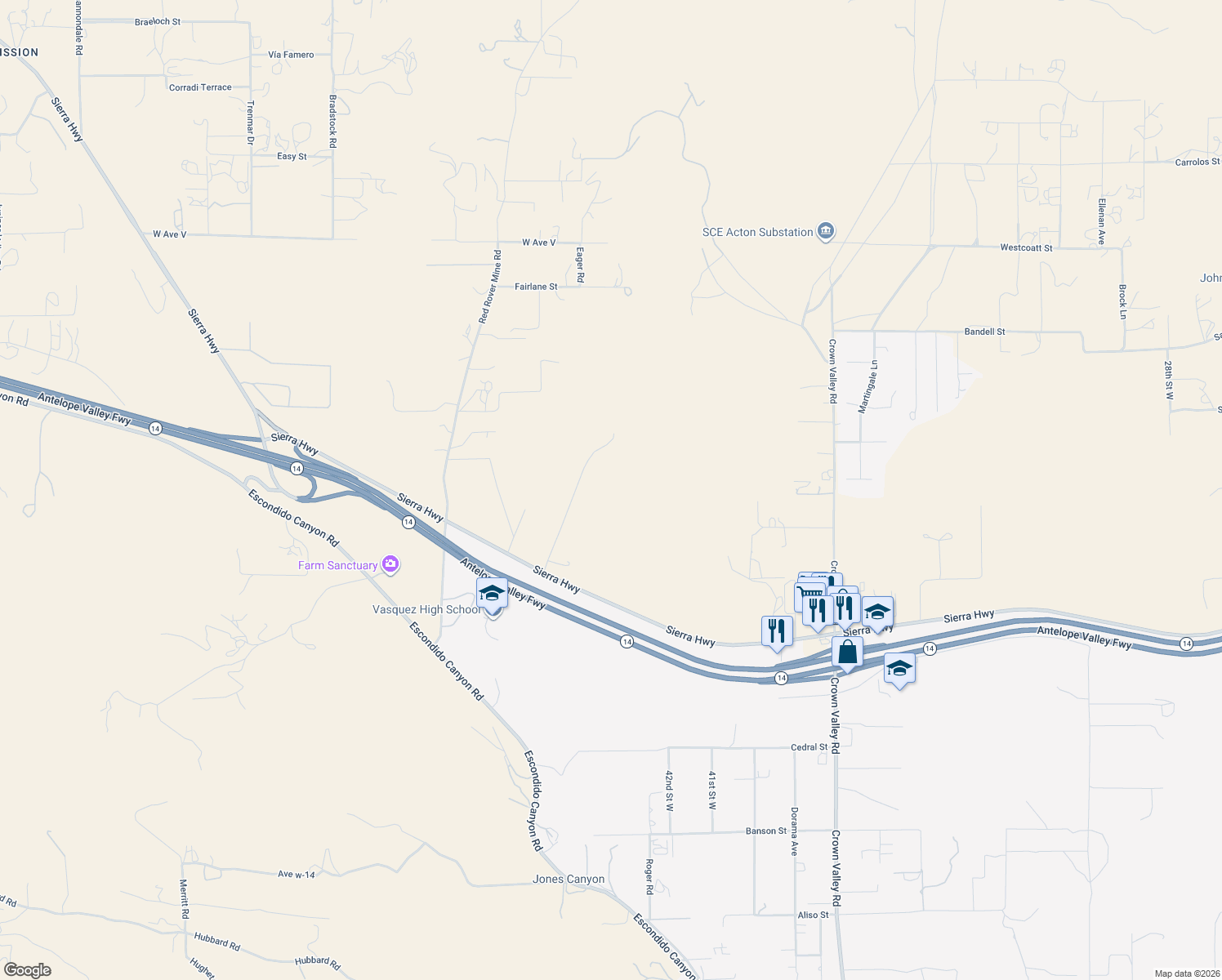 map of restaurants, bars, coffee shops, grocery stores, and more near 34226 Hypotenuse Road in Acton