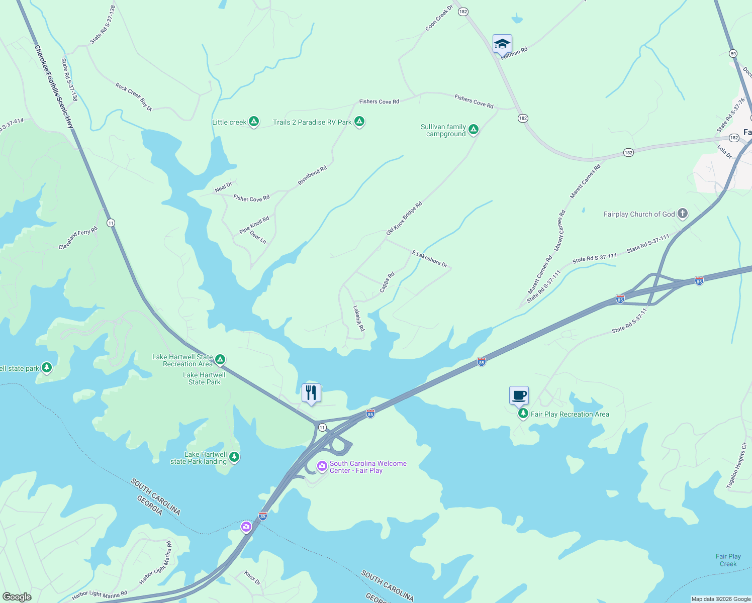 map of restaurants, bars, coffee shops, grocery stores, and more near 264 Capps Road in Fair Play