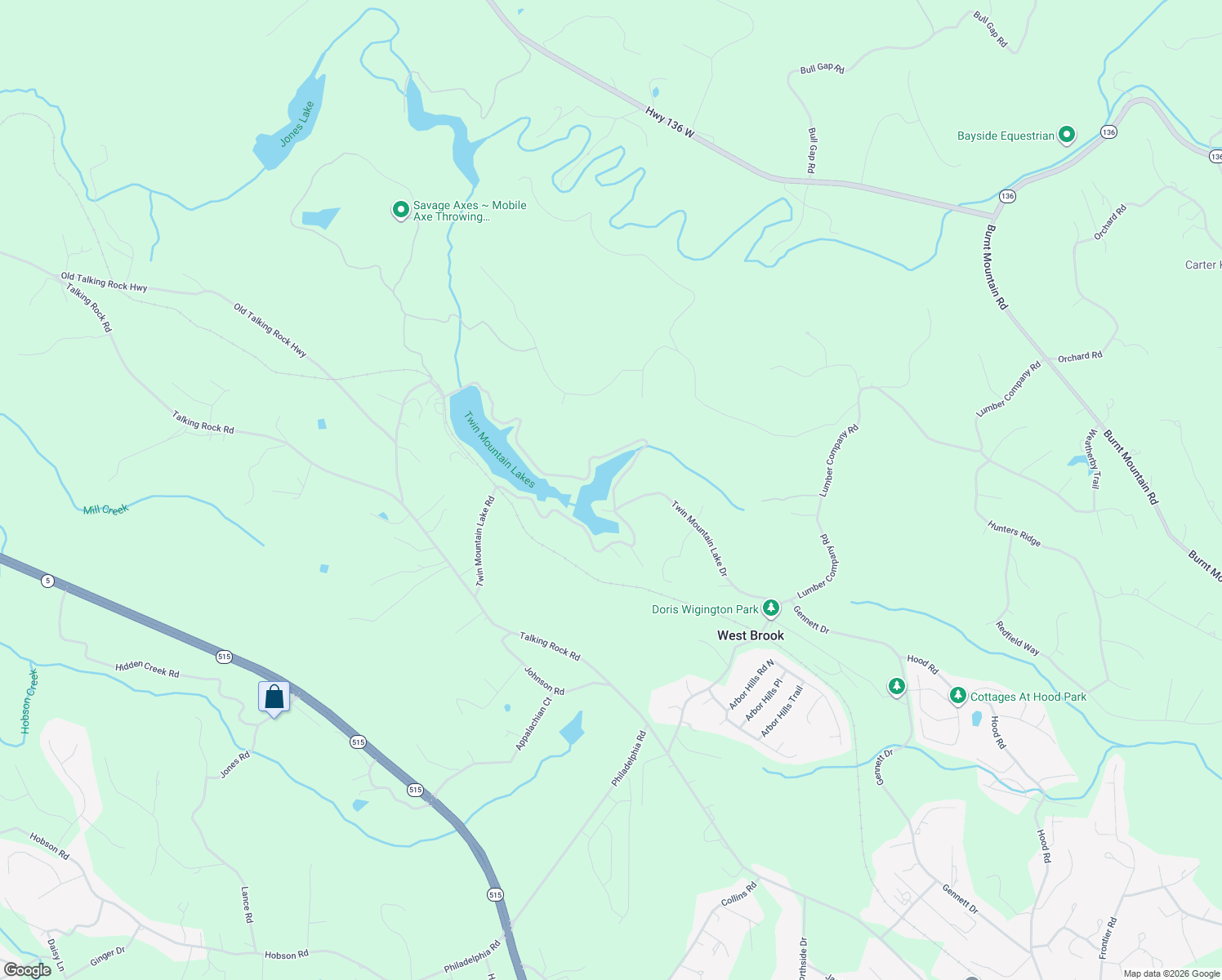 map of restaurants, bars, coffee shops, grocery stores, and more near 735 Twin Mountain Lake Circle in Talking Rock