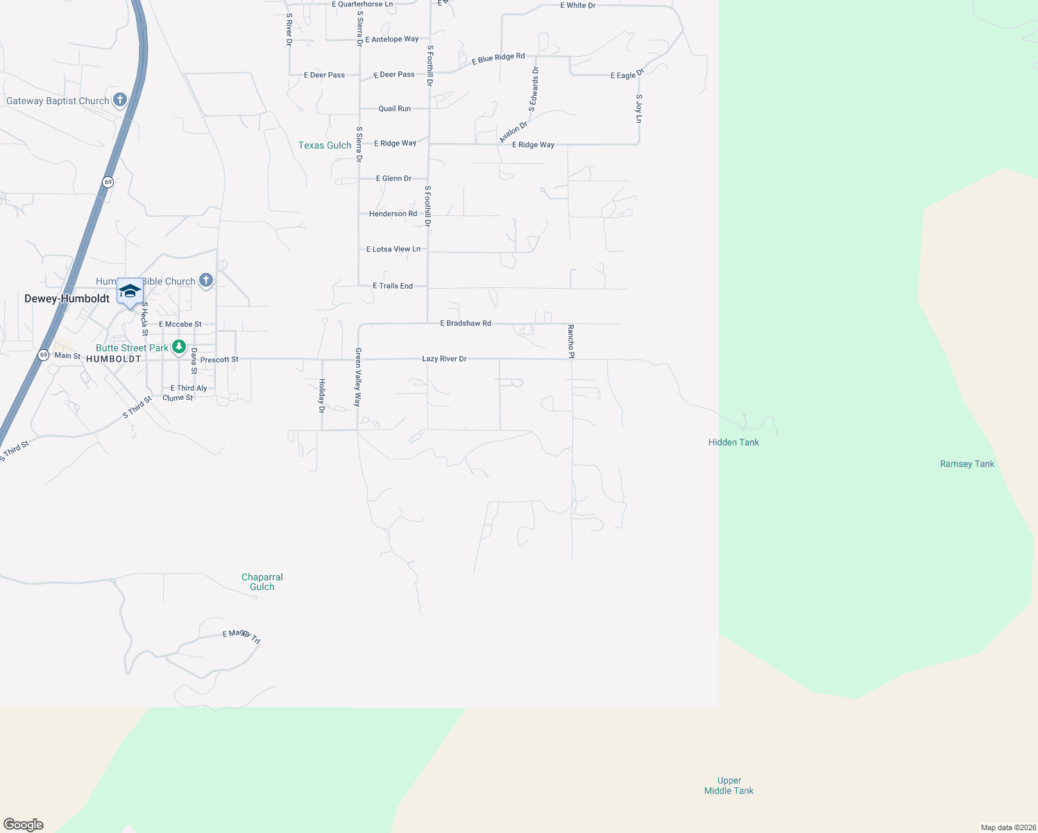 map of restaurants, bars, coffee shops, grocery stores, and more near 2927 Mingus Mountain Lane in Dewey-Humboldt
