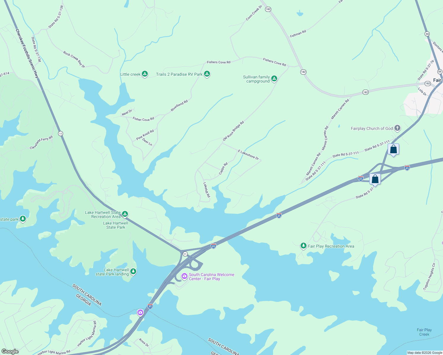 map of restaurants, bars, coffee shops, grocery stores, and more near 257 Capps Road in Fair Play