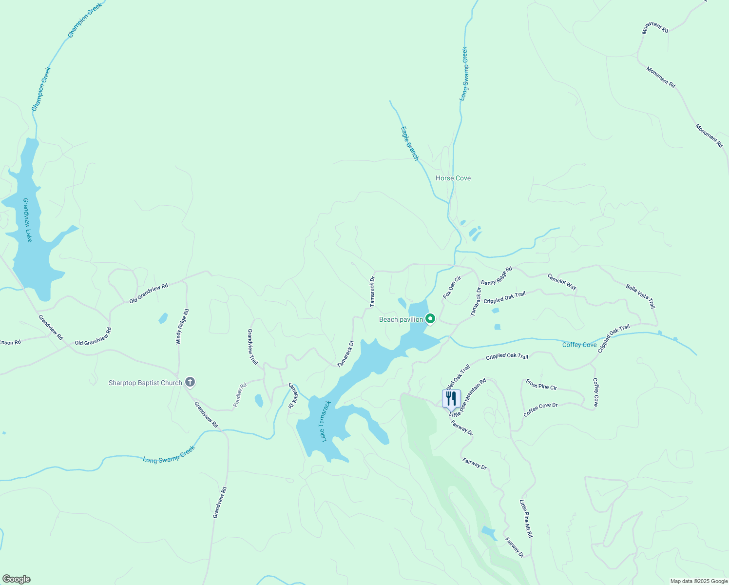 map of restaurants, bars, coffee shops, grocery stores, and more near 80 Sharp Top Mountain Trail in Jasper
