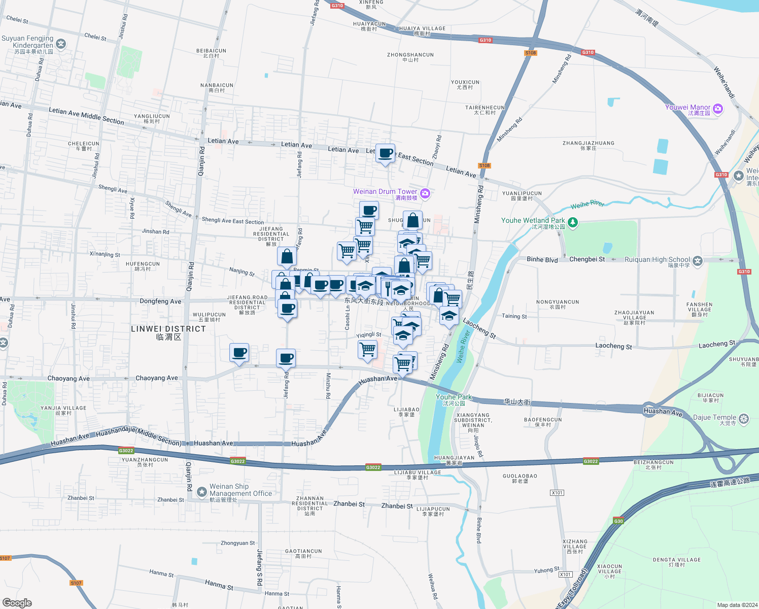 map of restaurants, bars, coffee shops, grocery stores, and more near in Weinan