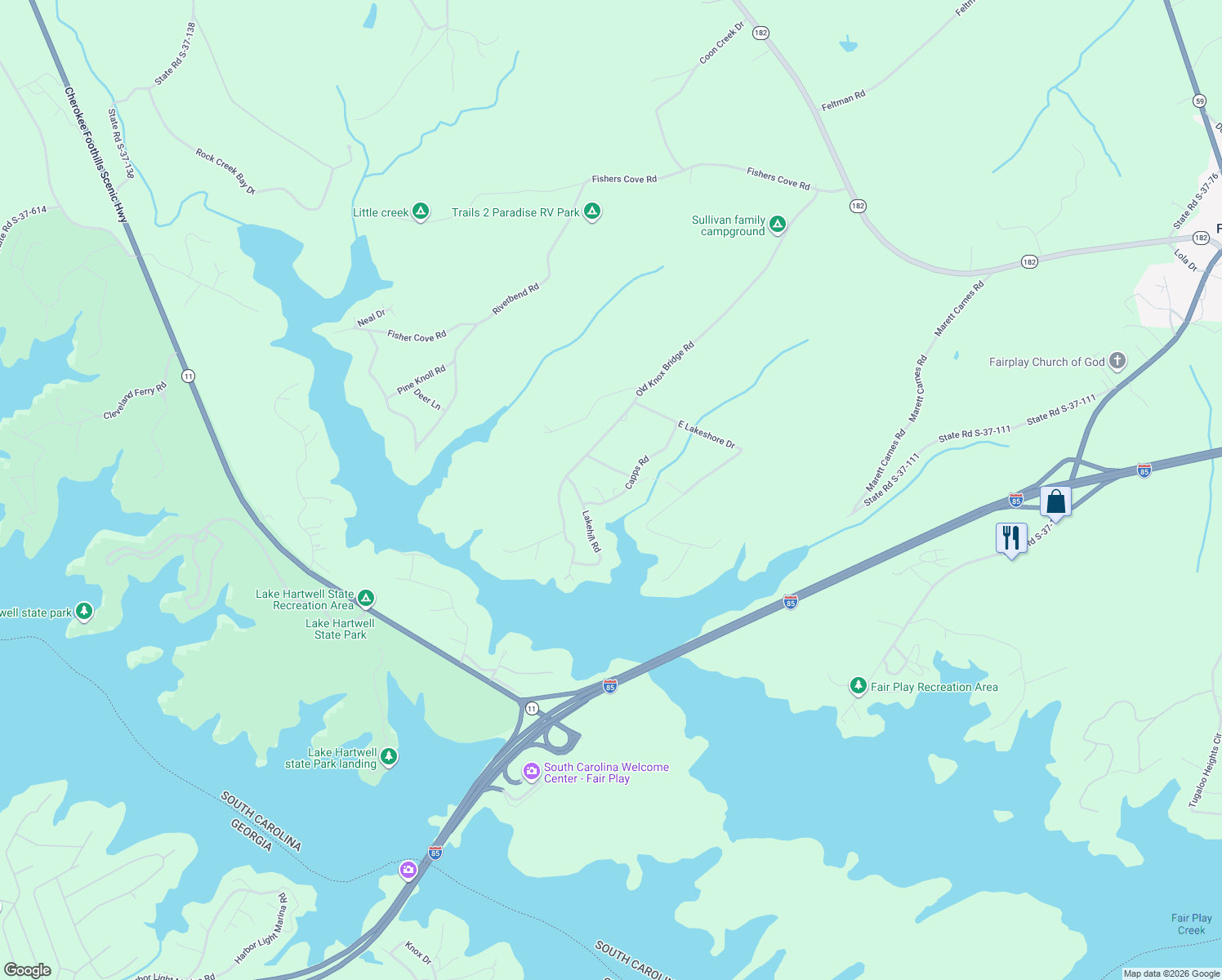 map of restaurants, bars, coffee shops, grocery stores, and more near 264 Capps Road in Fair Play